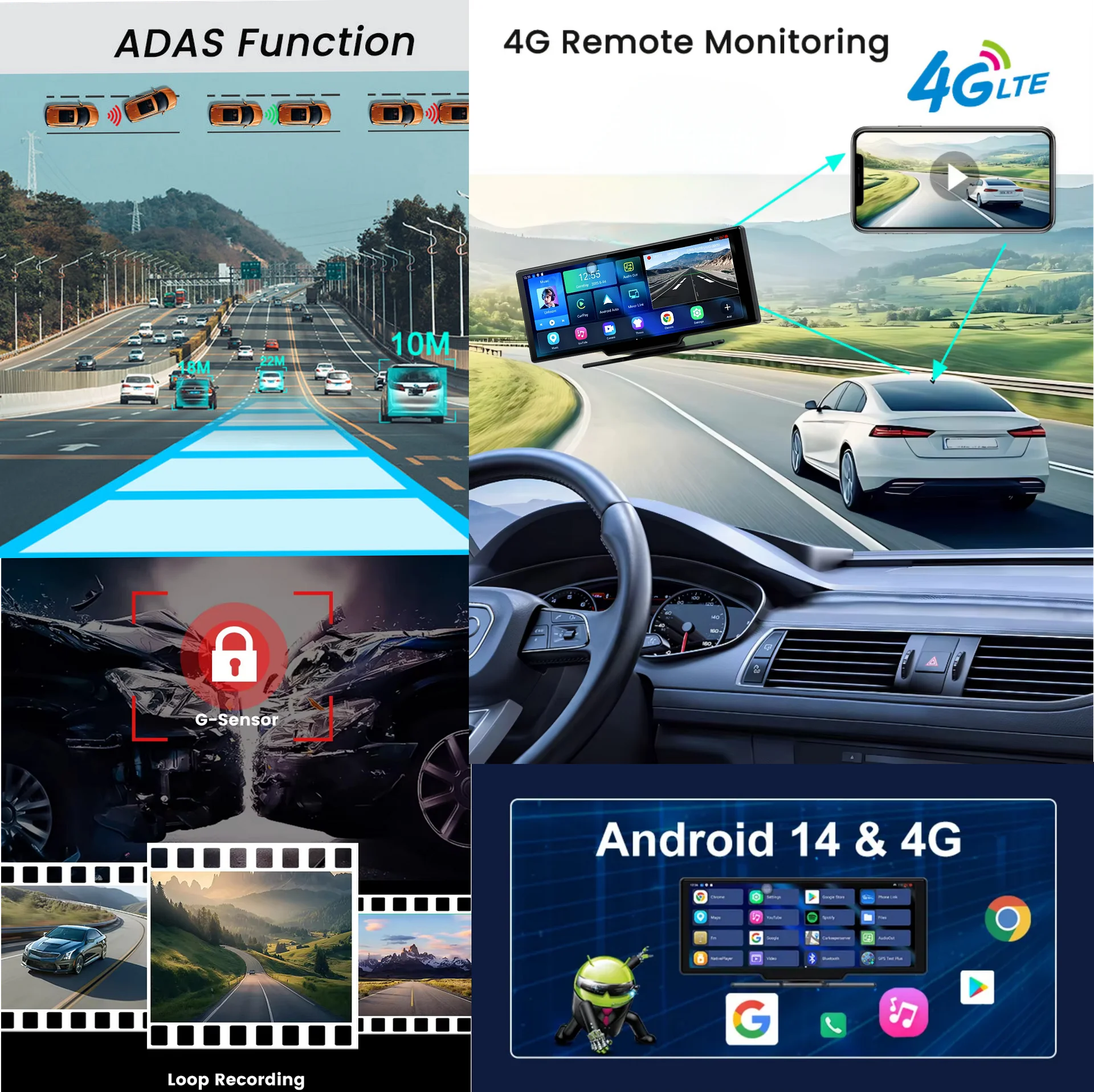 SRS ABSOLUTE dual 4G Dash Cam 8GB RAM Android14 ADAS Wireless CarPlay GPS+Live Video Bluetooth WIFI HotSpot 1TB MicroSD Supp Map-Apps-PlayStore-MultiTask Steering Control Split Screen-Gen4 product image (2)