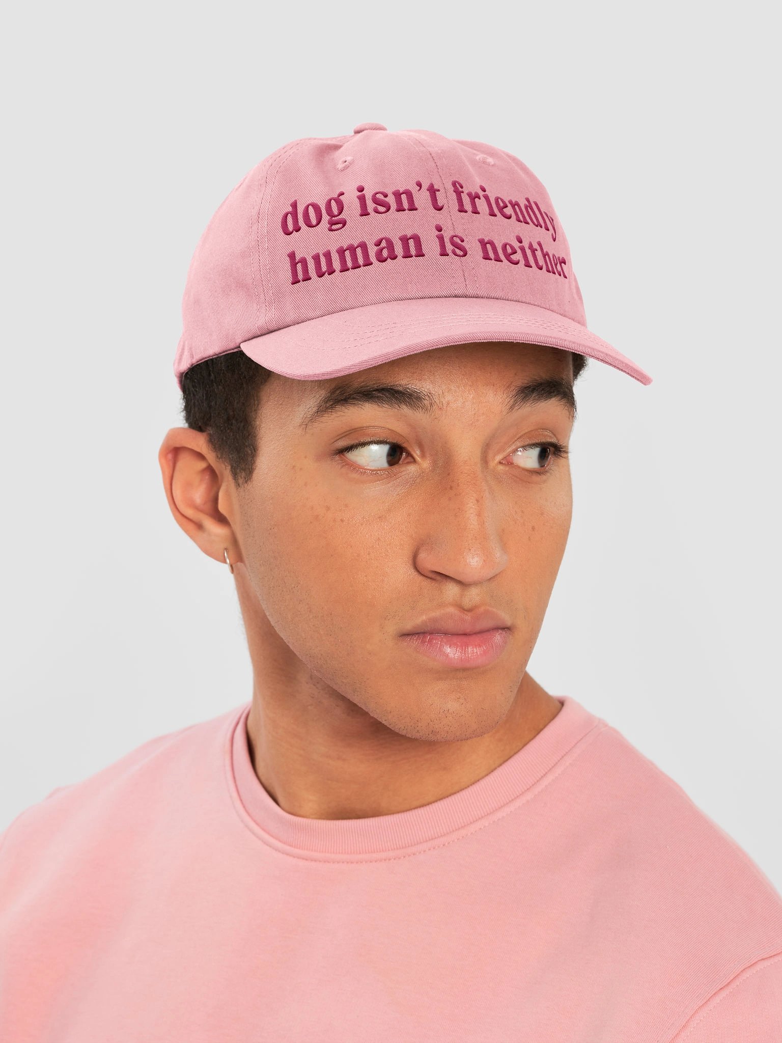 Dog Isn't Friendly. Human Is Neither (Embroidered) Low Contrast (Pink) Classic Dad Hat product image (6)