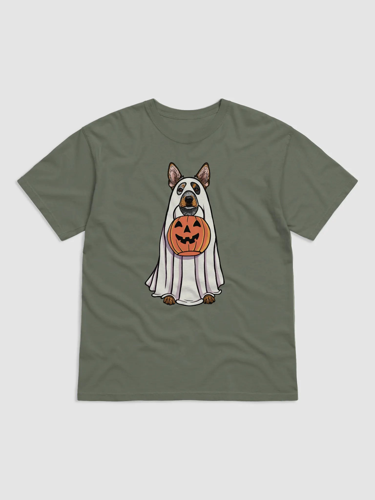 Funny Halloween Australian Cattle Dog(3) T-Shirt | Funny Blue Heeler Wearing a Ghost Costume and Holding a Pumpkin Basket product image (1)