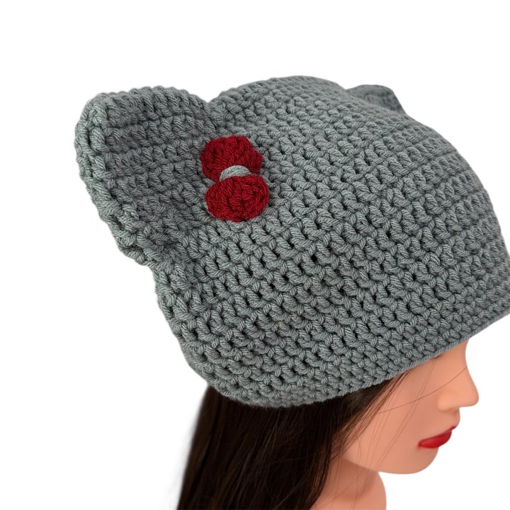 Winter Handmade Crochet Cat Ears Beanie Blue with Red Bow for kids 6-12 yo. product image (1)