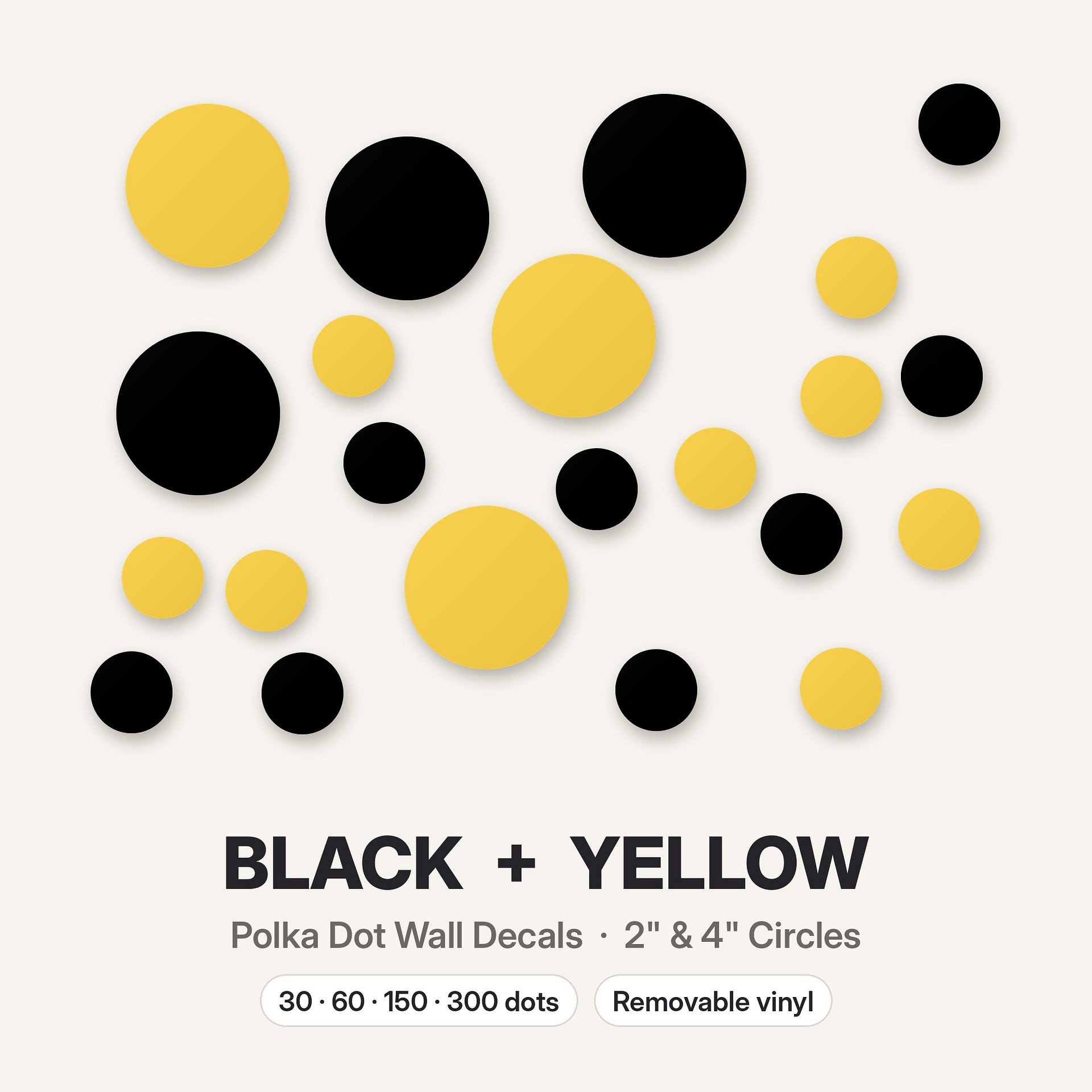 Black and Yellow Polka Dot Wall Decals, 2" and 4" Vinyl Circle Stickers, Removable Dot Decals for Nursery, Kids Room, Playroom product image (3)