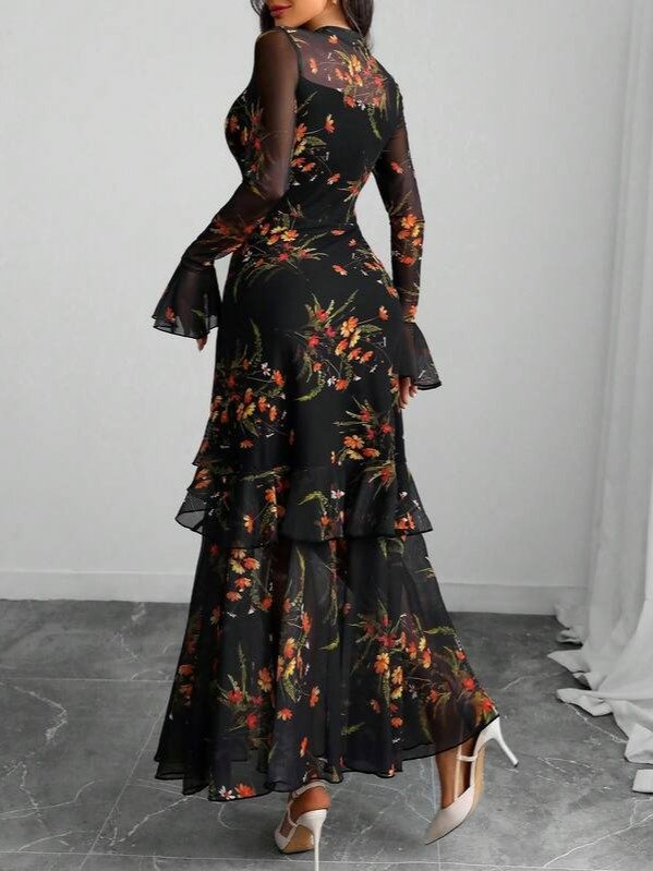 Women's Gothic Elegant Sexy Mesh Patchwork Colorful Floral Print Retro Flare Sleeve Ruffle Hem Layered Dress Vacation product image (9)
