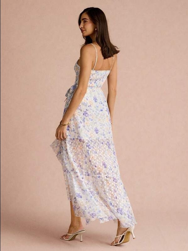 Aqua Blue Floral Tie-Waist Cami Maxi Dress | Boho Wedding Guest & Garden Party Gown — ADLEST product image (6)