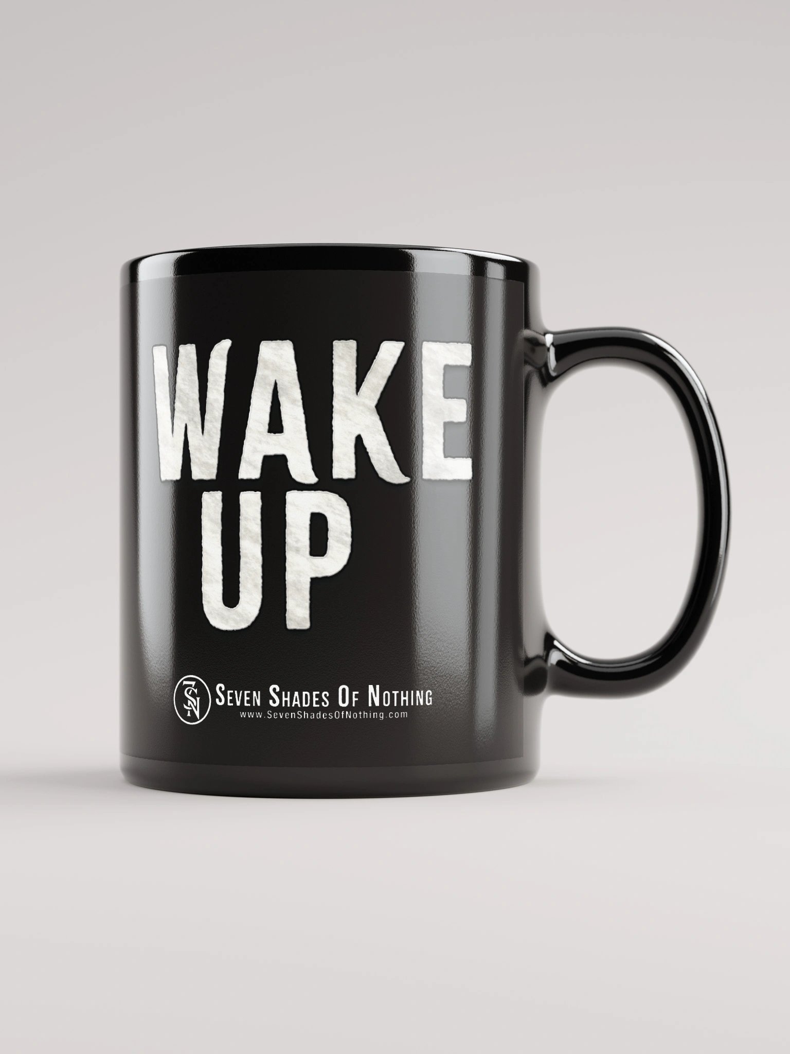 “Wake Up” black glossy mug – cinematic eye artwork from Seven Shades of Nothing product image (2)