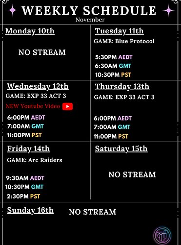 Weekly Schedule upload is here for streams this week across Youtube, Tiktok LIVE and Twitch!