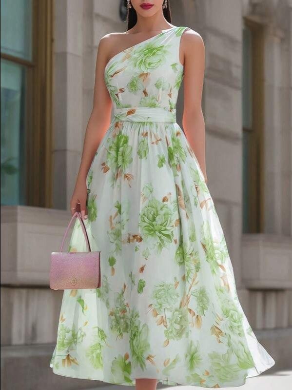 Shop the EMERY ROSE Pink Asymmetrical Peony Print Chiffon Long Dress at ADLEST. Perfect elegant vacation and summer outfit for weddings, parties, and daily wear. product image (7)