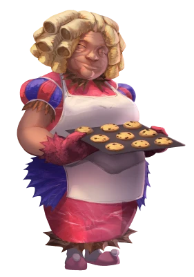 A white woman with blond curls and wrinkled, tanned skin who is wearing an apron over blue-and-pink candy wrapper clothes holds out a tray of cookies.