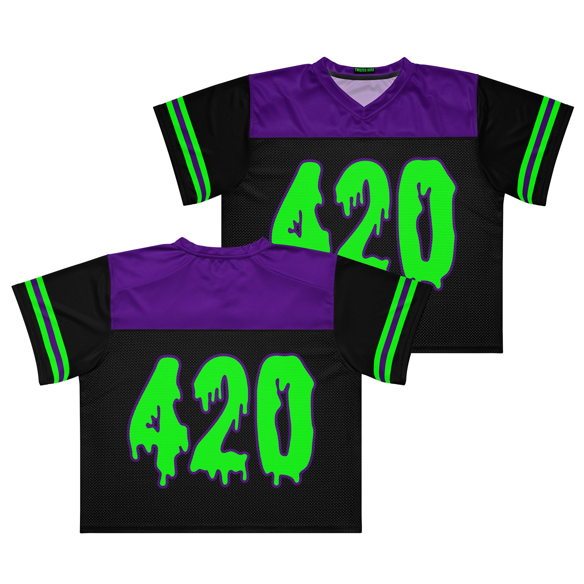 Rave 420 Football Jersey, Boxy Cannabis Shirt, Neon EDM Festival Clothes, Stoner Goth Fashion, Green Purple Black Alternative Style Weed Top product image (4)