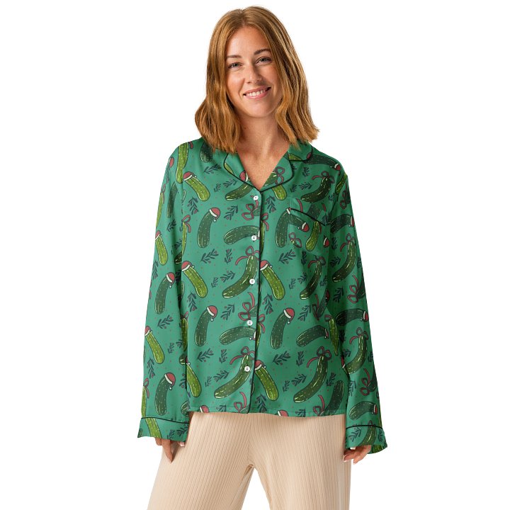 Funny Christmas Pickles Pattern Pyjama Shirt, Dark Green product image (2)