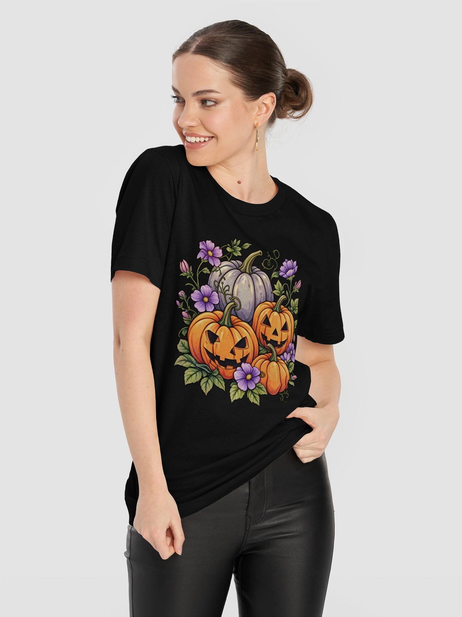 Floral Pumpkin Halloween T-Shirt – Purple Flowers & Pumpkins product image (3)