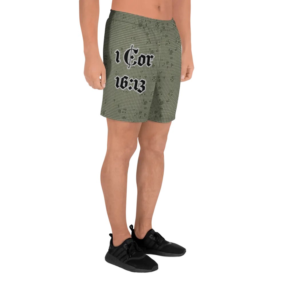 Faithful Camo: 1 Corinthians 16:13 Unisex Athletics Shorts - Desert Night Camo product image (6)