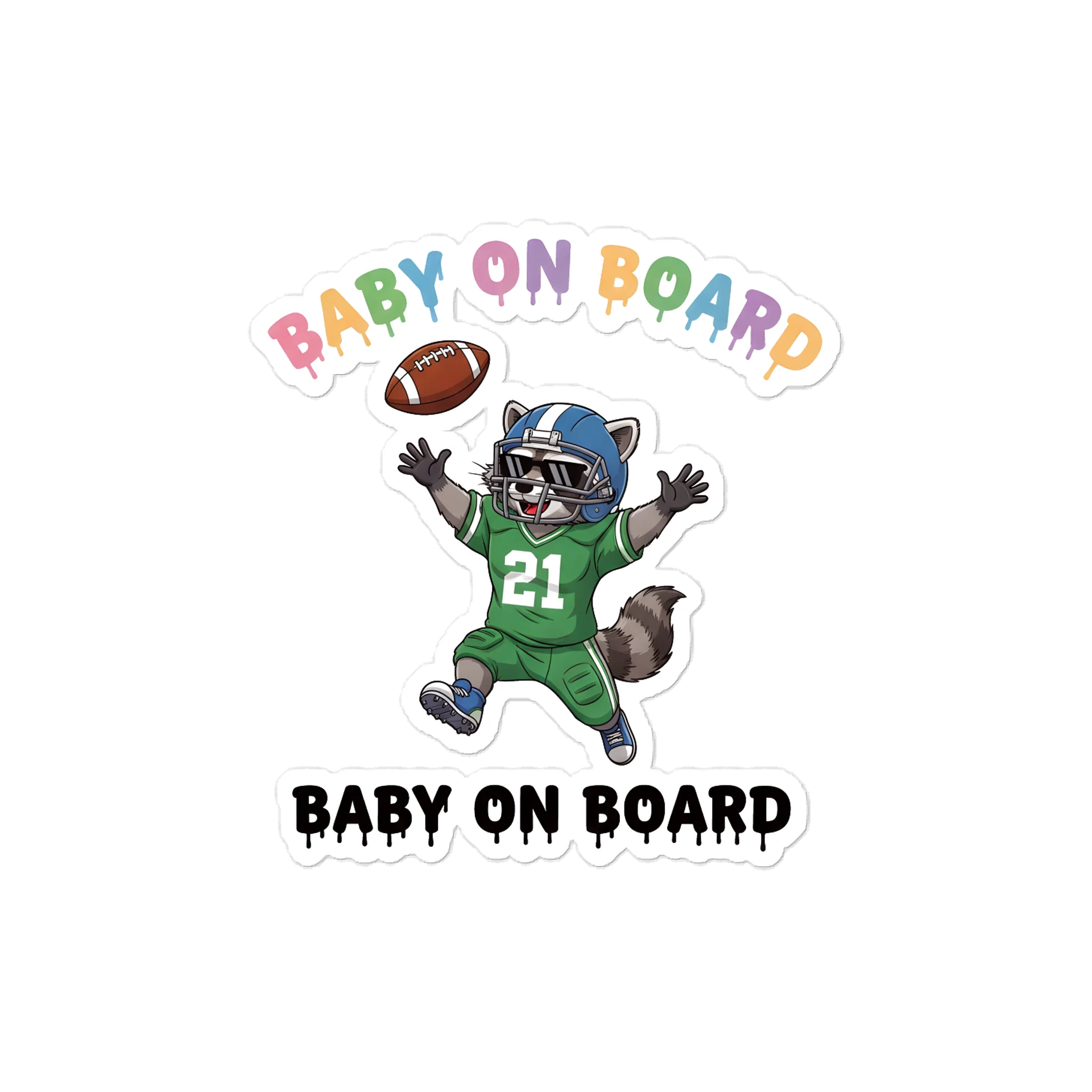 Funny Raccoon Football Baby on Board Sticker - 5x5 Weatherproof Vinyl Car Decal - Cute Sporty Raccoon Tailgate Decor - Premium Outdoor Grade Safety Sign for SUVs & Jeeps product image (1)