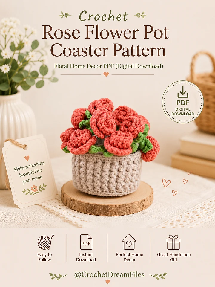 Crochet Rose Flower Pot Coaster Pattern product image (1)