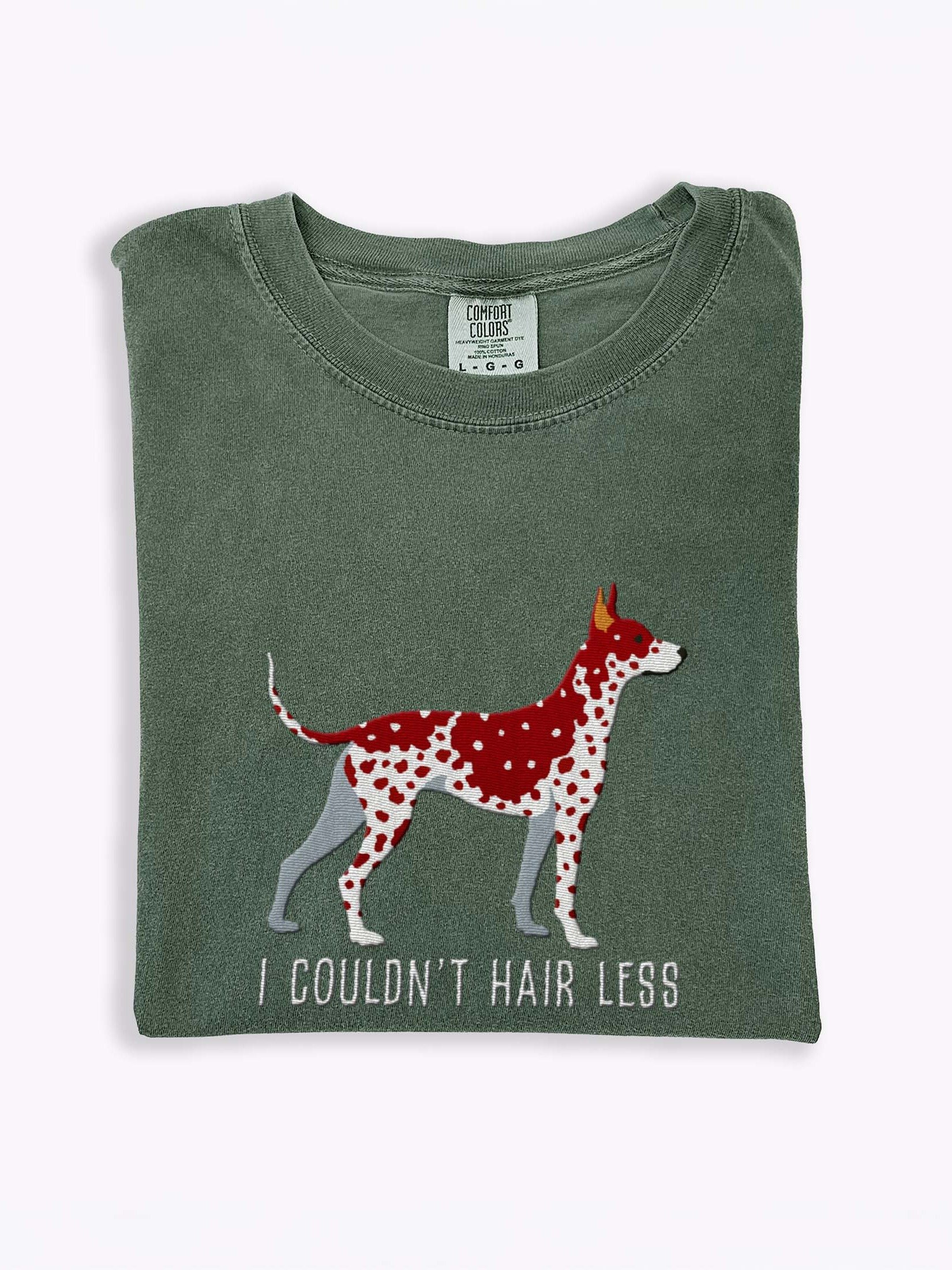 I Couldn't Hair Less T-Shirt(Embroidered) of a Mexican Hairless Dog/Xoloitzcuintli(Brown & White) product image (1)