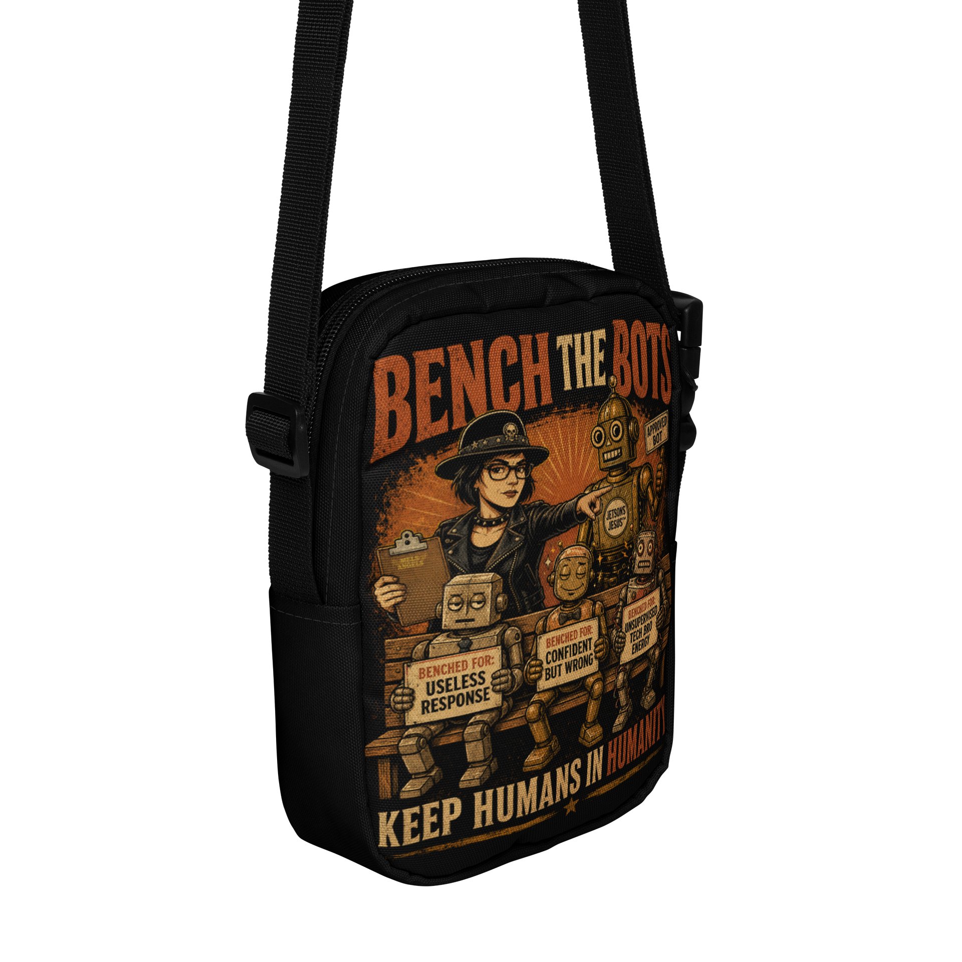 Bench the Bots Utility Crossbody Bag | Retro AI Protest Bag product image (6)