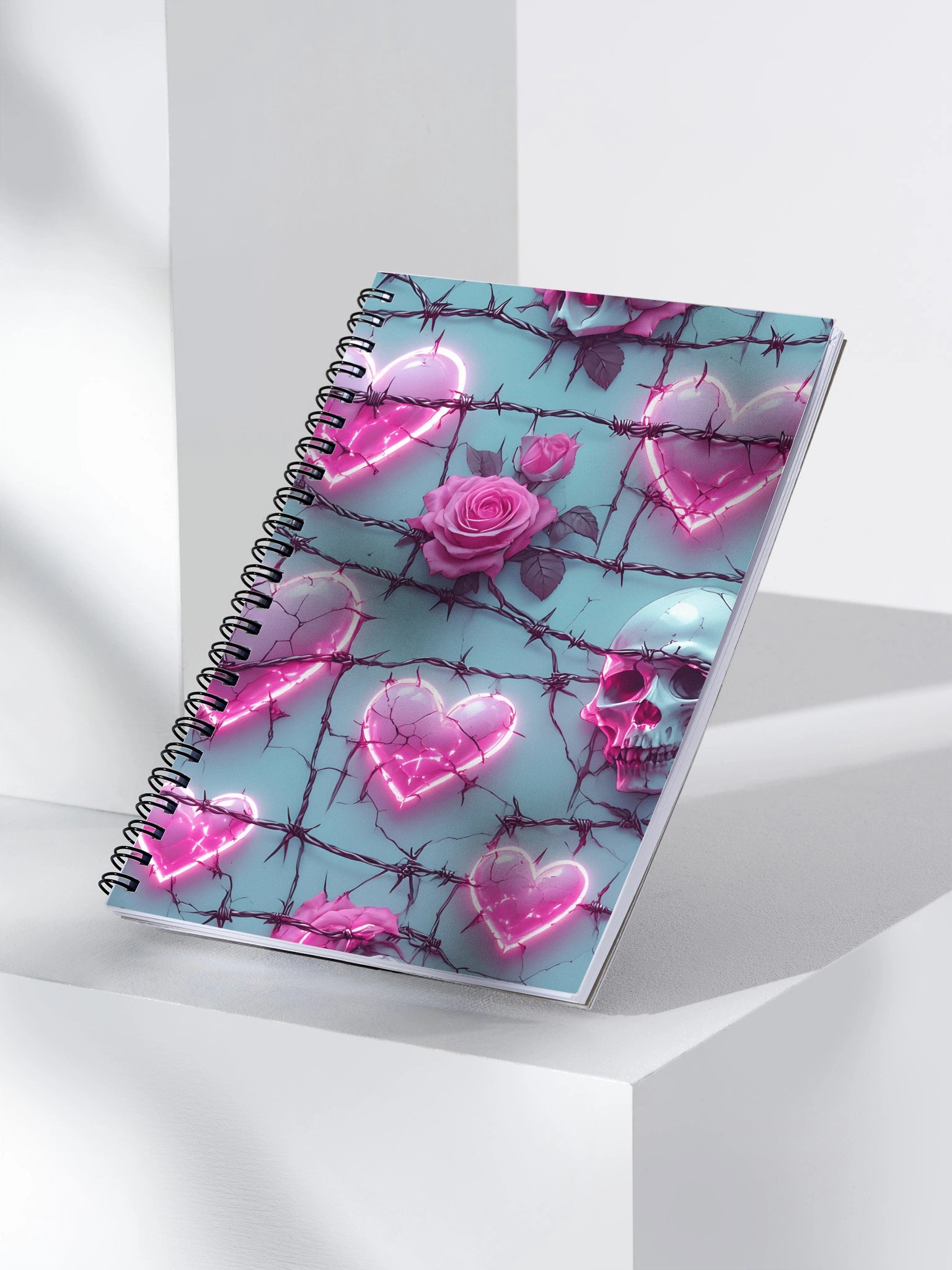 Neon Barbed Rose Heart Spiral Notebook - Glow Pink Hearts & Roses 140-Page Dotted Journal product image (3)