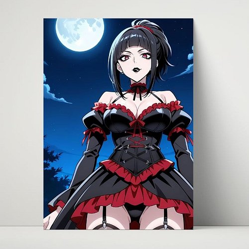 Luna Rain 🖤🌕 Original character in red-black gothic corset under moon. 26yo emo soul, ponytail, red eyes, night sky. Dark ele...