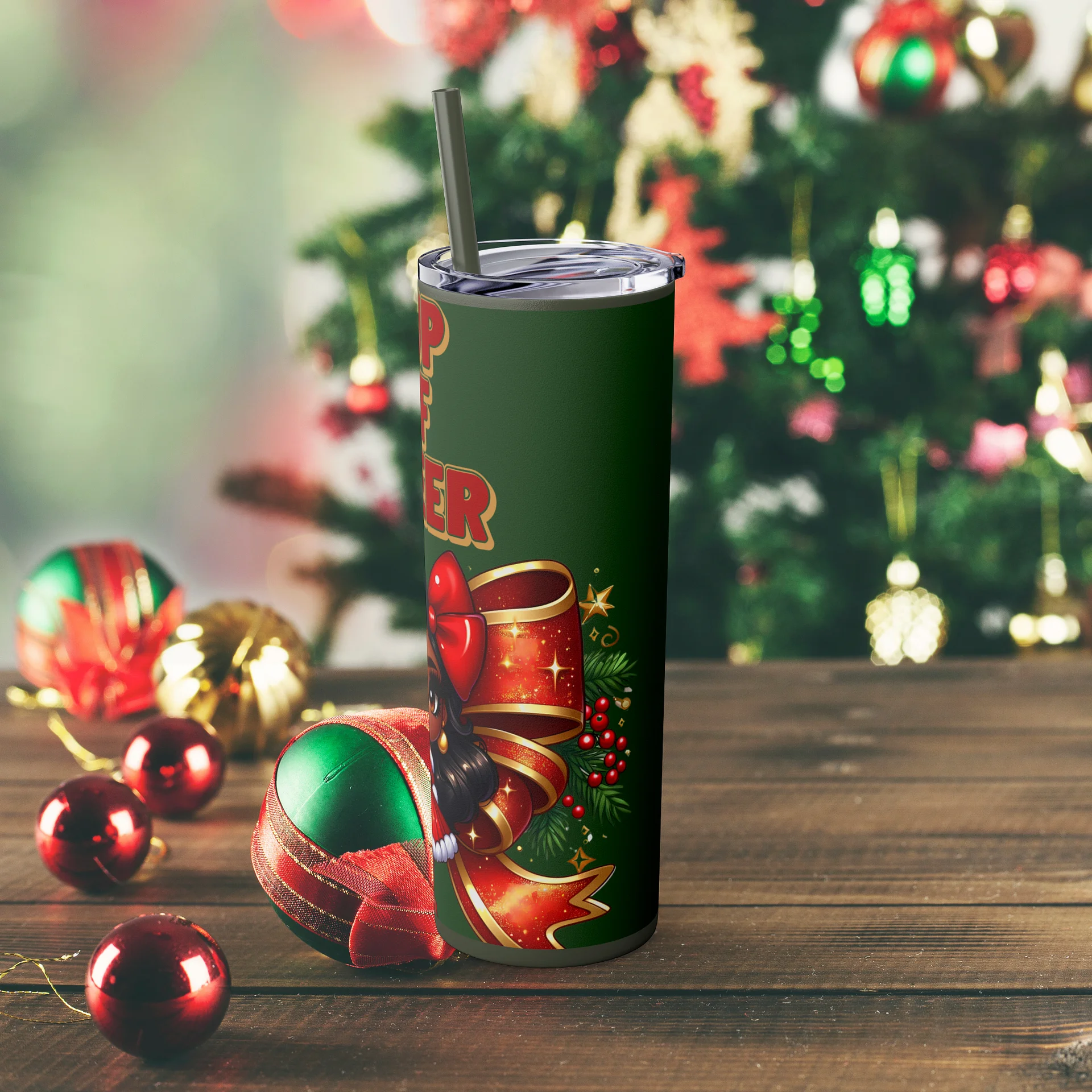 Cup of Cheer Design, Christmas Tumbler Wrap Digital Download, Brown Holiday Doll Art, 20oz Sublimation Design, Festive Holiday Wrap PNG product image (4)
