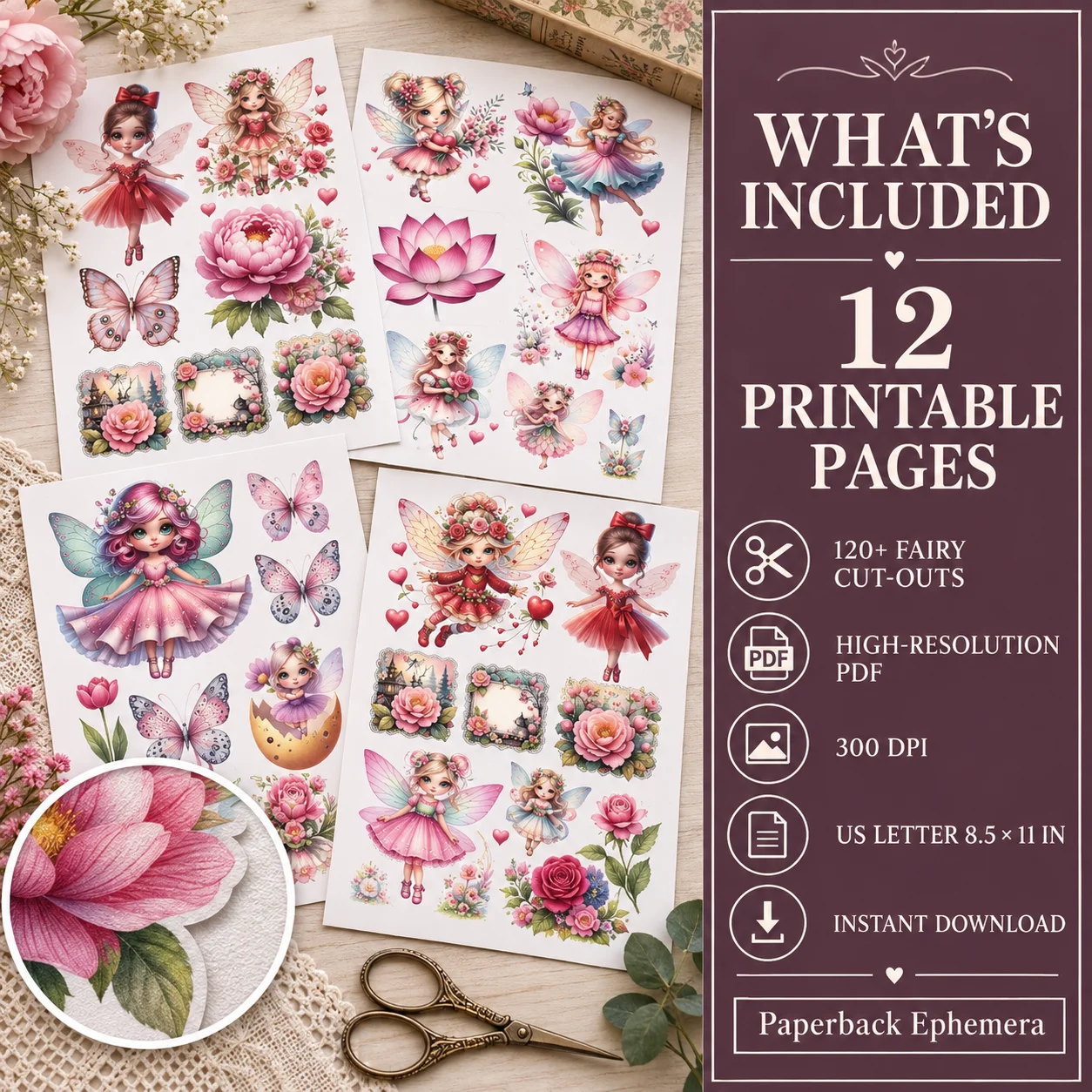 Pink Floral Fairy Fussy Cuts | 120+ Printable Ephemera for Junk Journals & Collage (Digital Download) product image (4)