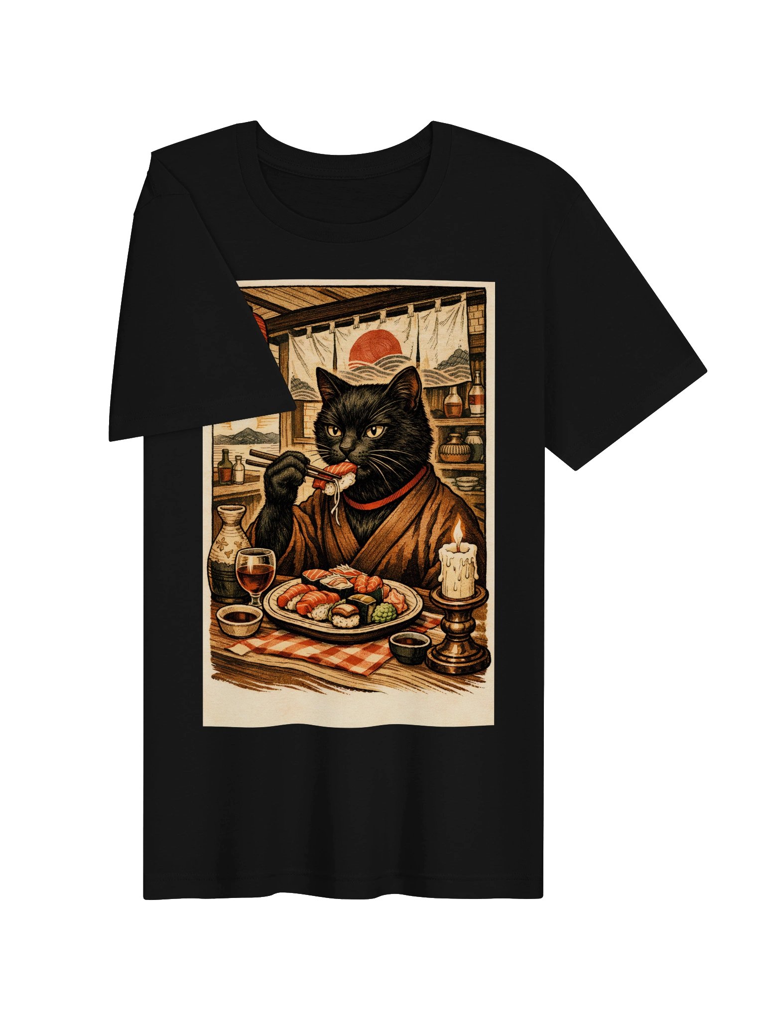 Japanese Sushi Cat T-Shirt - Vintage Ukiyo-e Black Cat Foodie Tee product image (18)