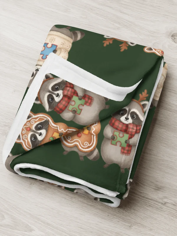 Cozy Green Fuzzy Throw Blanket – Christmas Raccoon Puzzle Design product image (1)