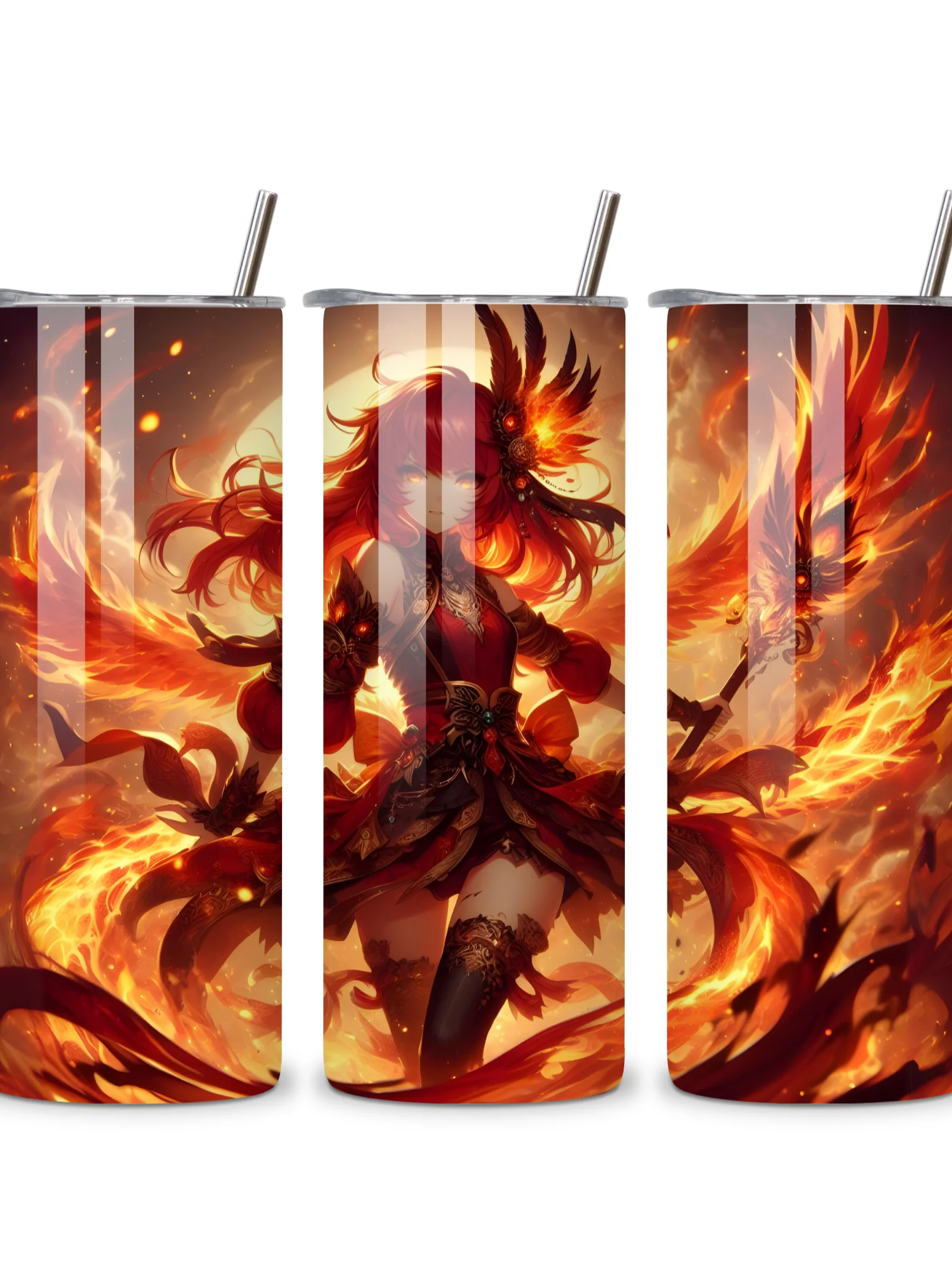 Elemental Anime Girl 20oz Skinny Tumblers with Metal Straws – Fire, Water, Earth, and Wind Designs – Double-Walled Insulated Stainless Steel Tumbler, Gift for Anime Fans and Nature Lovers (Fire) product image (4)