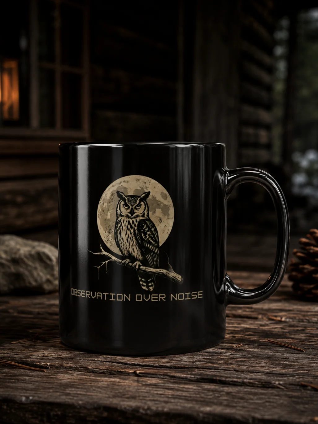 Observation Over Noise Owl Mug | Vintage Black Coffee Mug for Introverts & Quiet Thinkers product image (1)