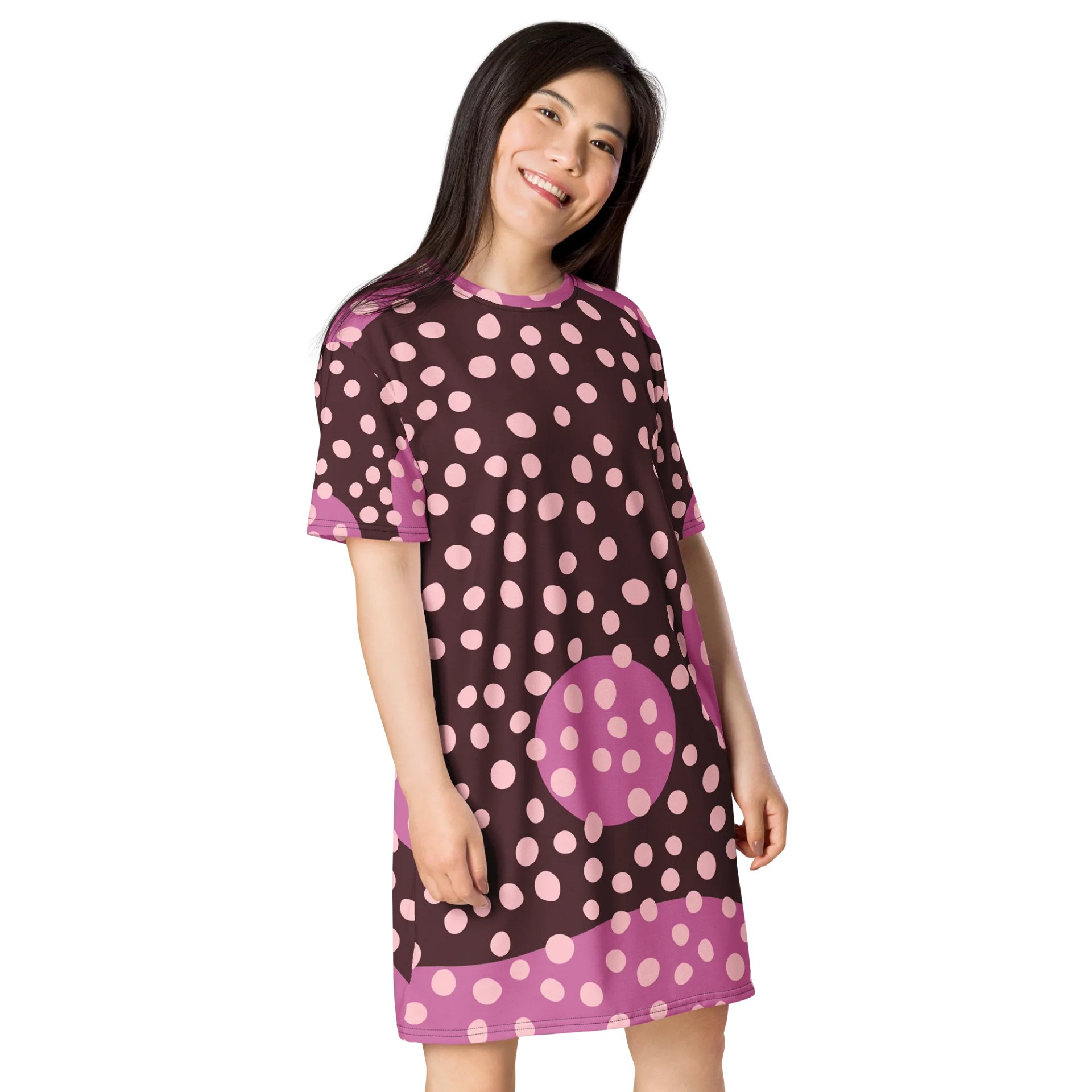 Oversized Maroon T-Shirt Dress with Pink Polka Dots product image (4)