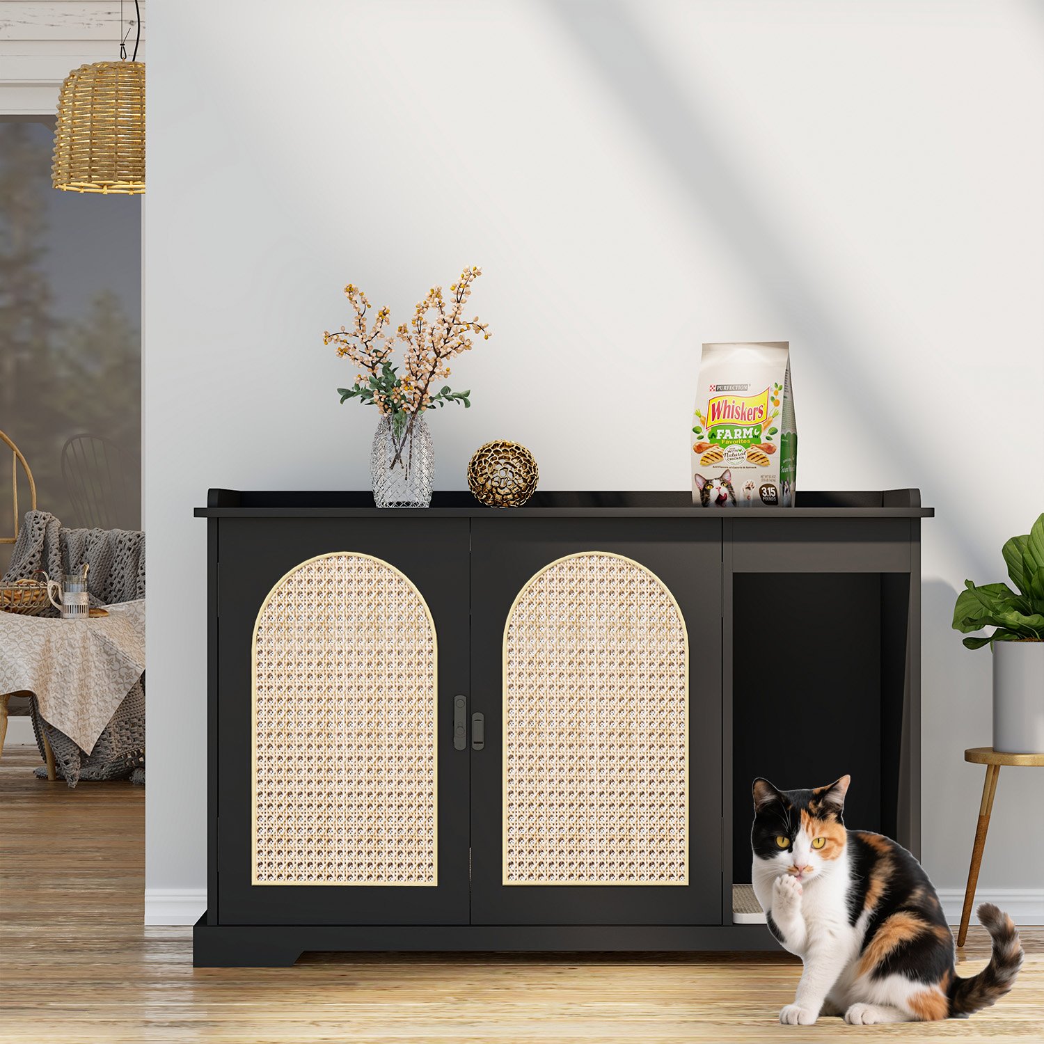 Black Hidden Cat Litter Box Furniture Indoor Wooden Cat Litter Box Enclosure with Double Movable Doors and Divider for Living Room Washroom product image (8)