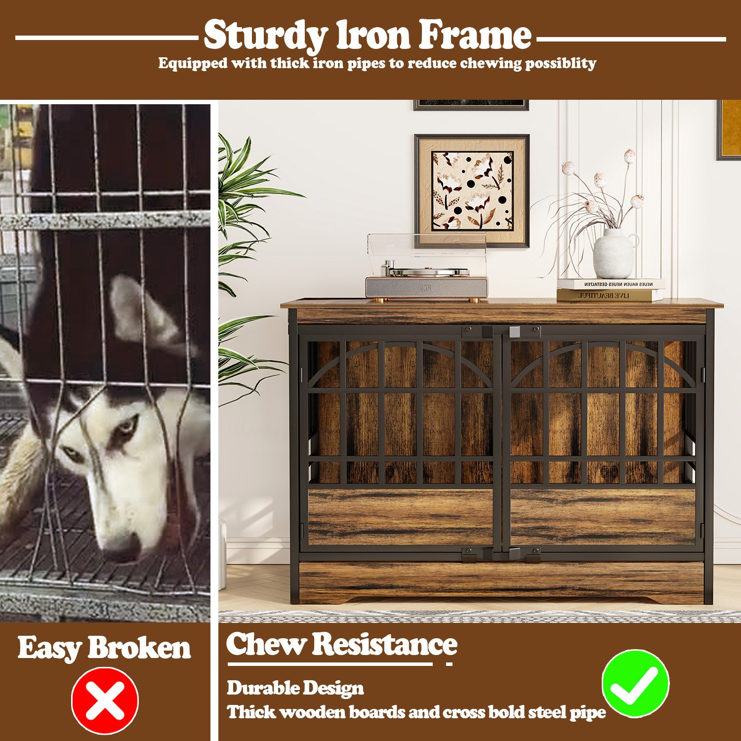 52 inch Dog Crate Furniture, XL Indoor Dog Kennel for Extra Large Breeds, Heavy Duty Wooden Dog Cage with Double Arched Doors, TV Stand & End Table, Retro Brown product image (8)