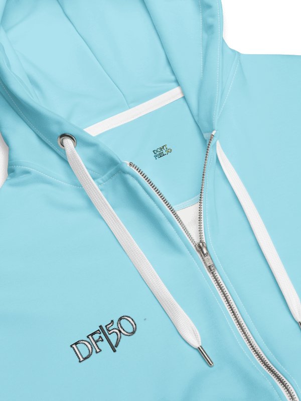 DONT FEEL 50 YOU ARE TIMELESS Aqua ZIP HOODIE MADE WITH RECYCLED POLYESTER UNISEX product image (2)