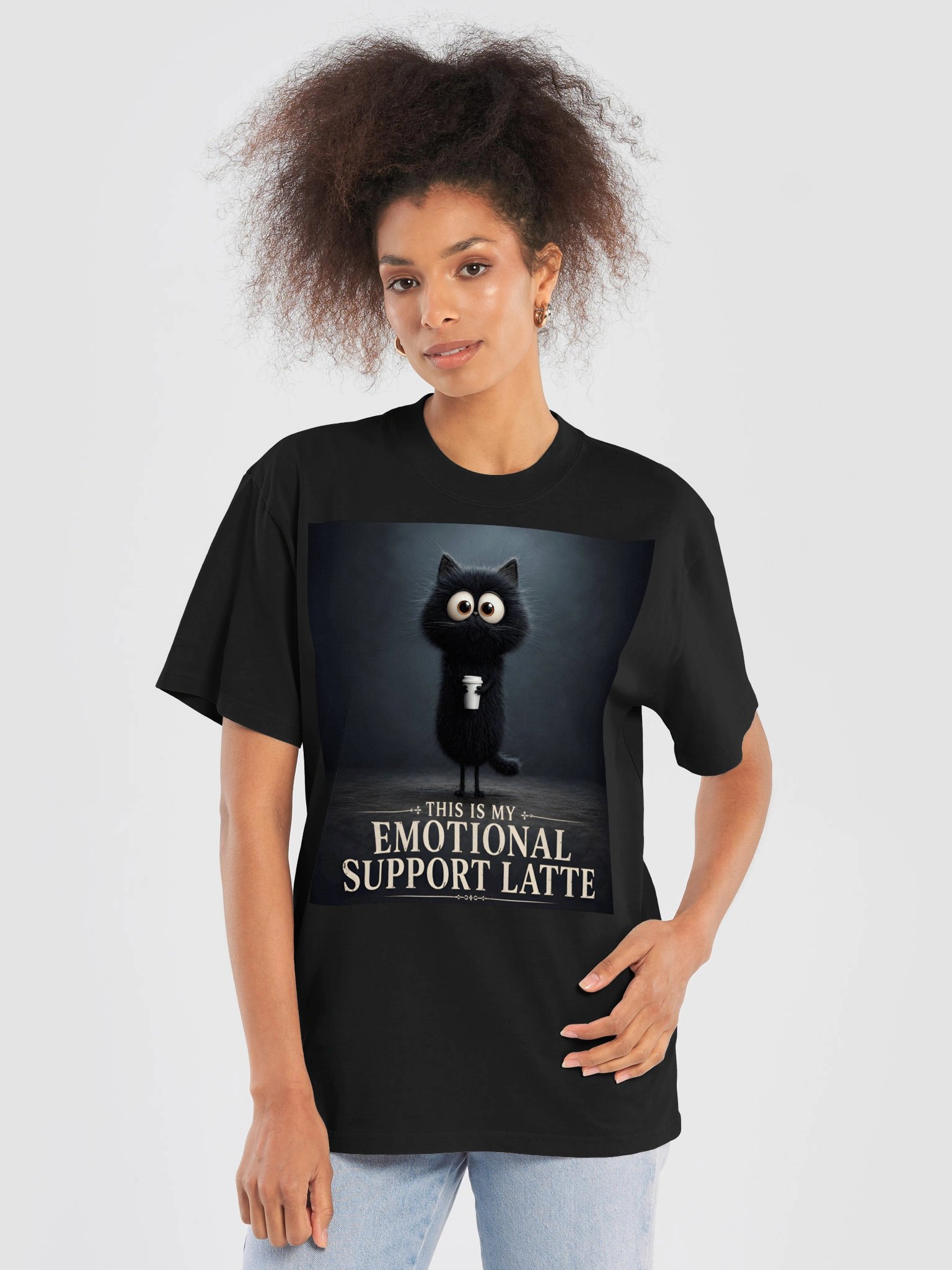Emotional Support Latte T-Shirt | Funny Black Cat Coffee Shirt | Unisex Oversized Premium Tee product image (7)