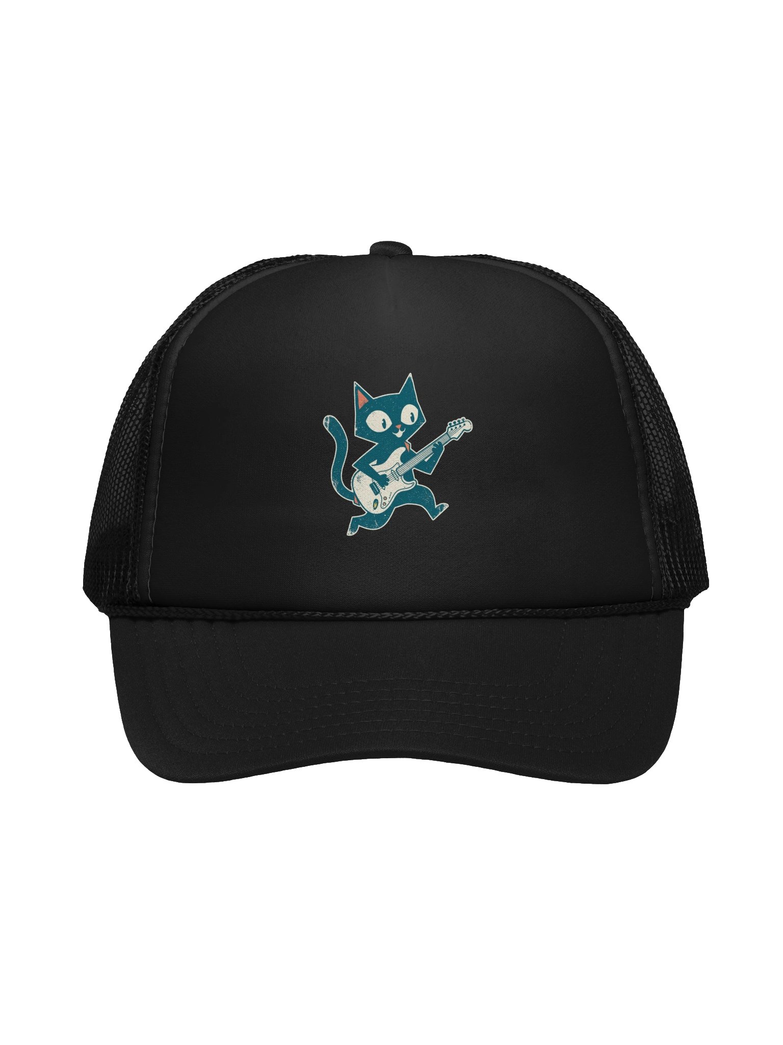 Retro Cat Playing Electric Guitar Trucker Hat – Vintage Rock Cat Cap, Funny Guitarist Gift for Cat Lovers product image (1)