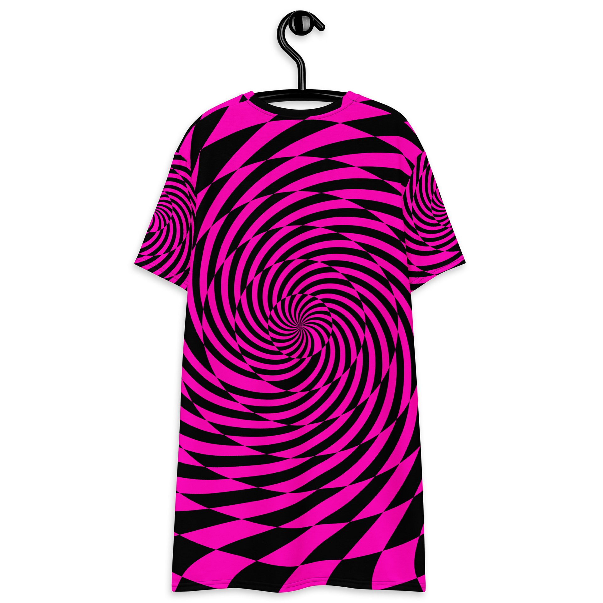 Psychedelic Spirals T-Shirt Dress, Trippy Techno Rave Outfit, EDM Festival Fashion, Black Hot Pink Twisted Checkers Clothing product image (7)