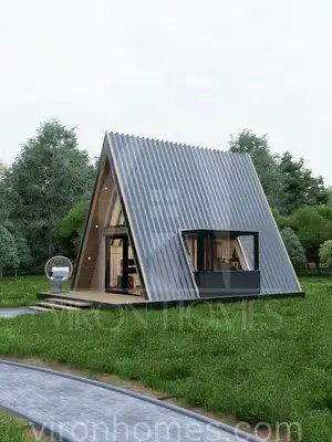 the moonrise cabin is a one bedroom loft style lodge with spacious interiors and open spaces! #vironhomes #aframe #housedesign #floorplans #blueprints 
