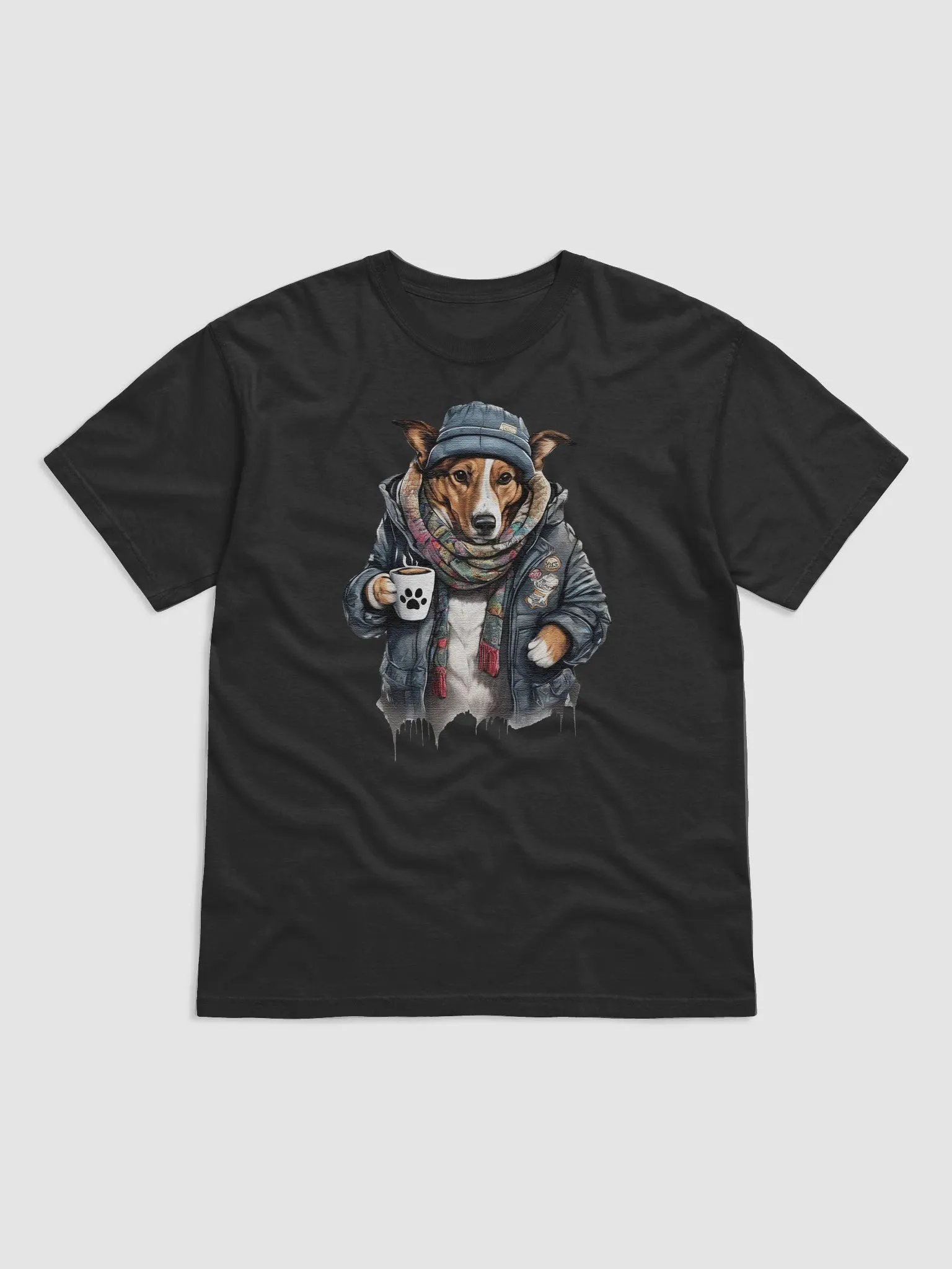 Dog wearing a jackets holding a cup coffee product image (1)