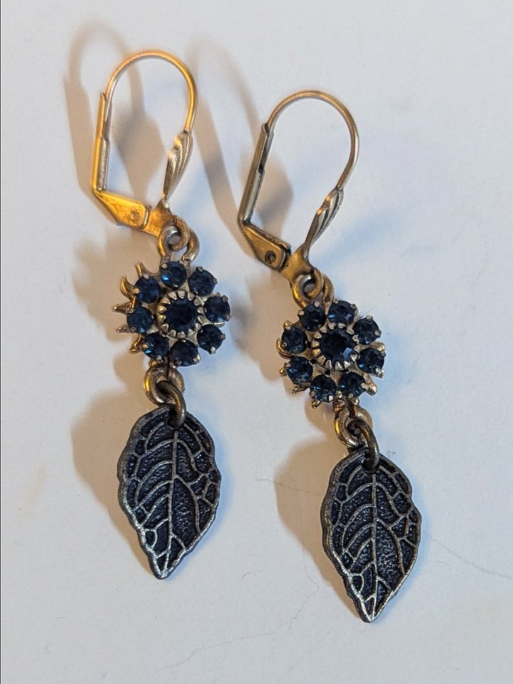 Vintage Blue Crystal Earrings with Leaf Drops product image (1)