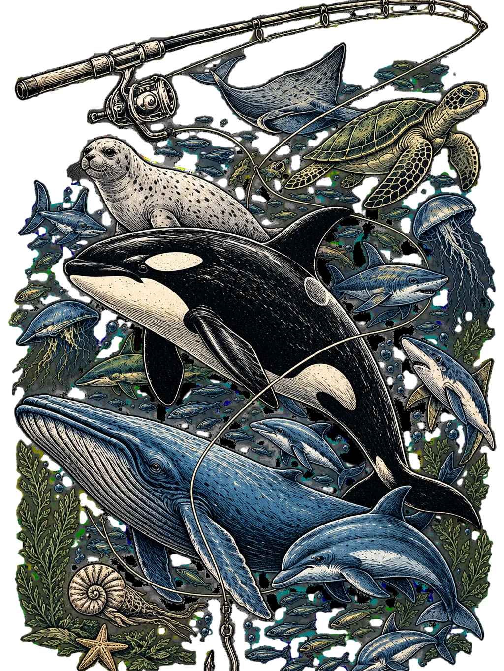 Ocean Legends Vintage Graphic T-Shirt – Orca, Whale & Marine Life Art product image (7)