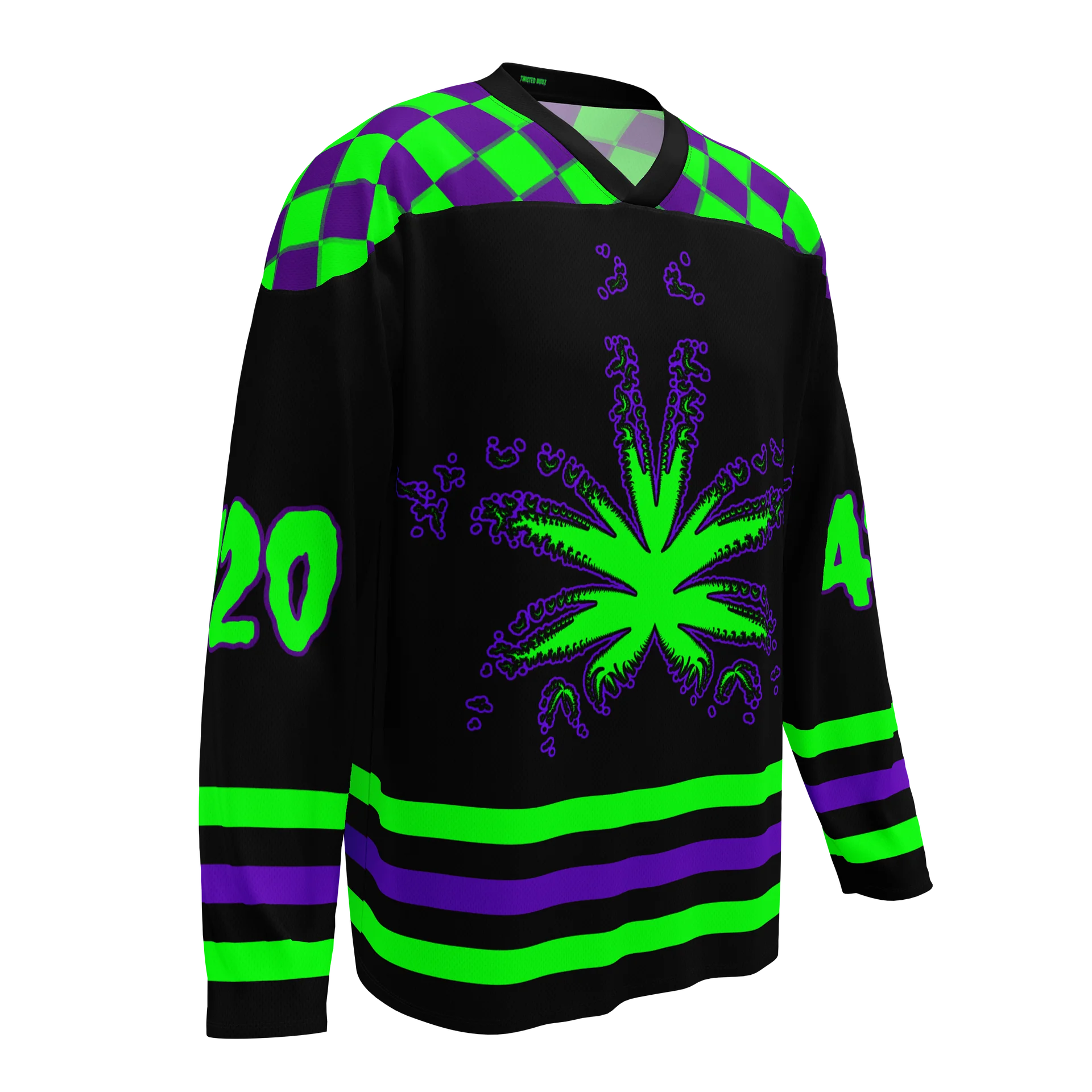 Stoner Raver 420 Hockey Jersey, Cannabis EDM Shirt, Gothic Alt Rave Wear, Weed Music Festival Clothes, Black Purple Neon Green Pot Leaf Top product image (5)