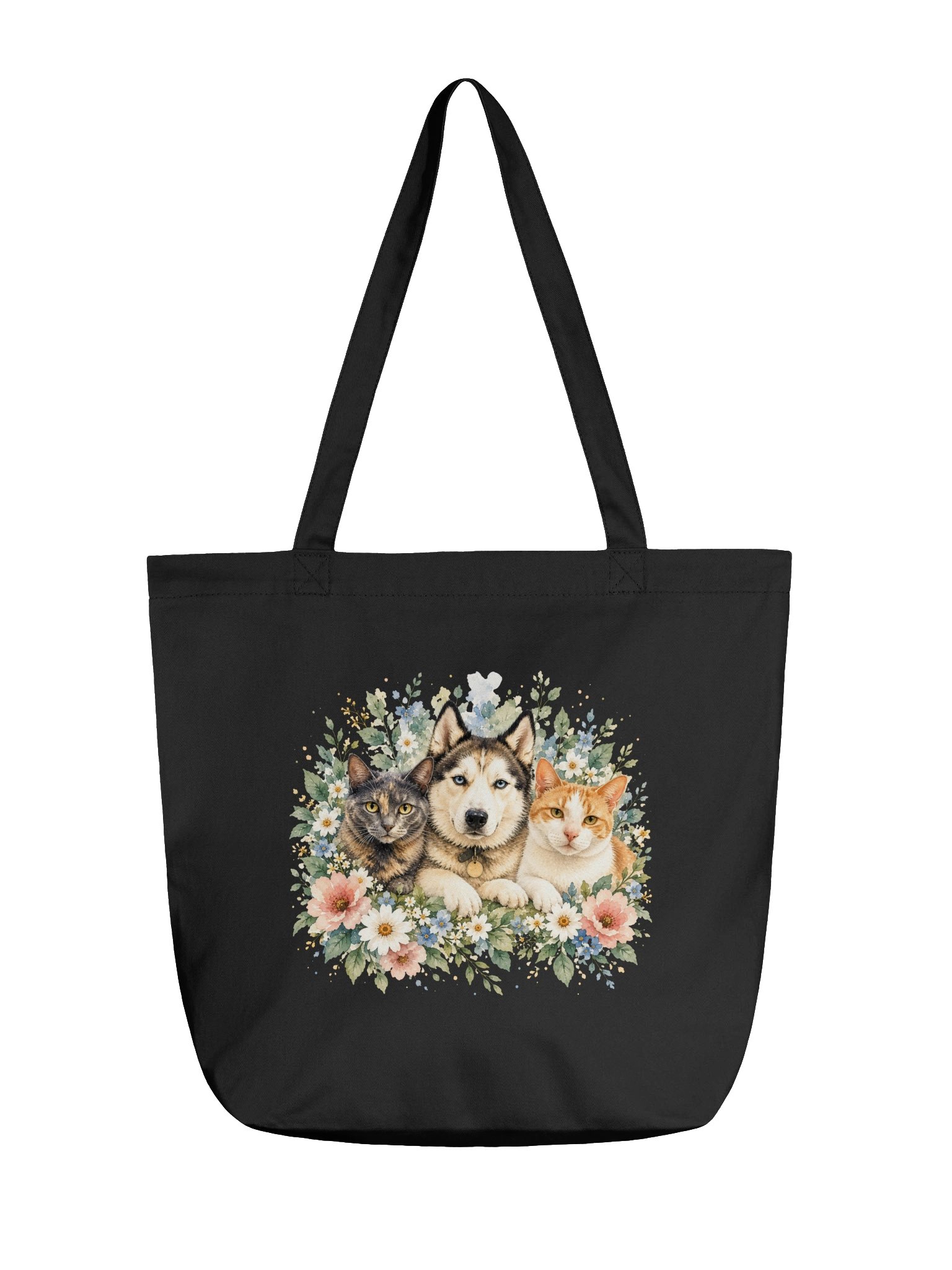 Floral Husky and Cats Reusable Tote Bag product image (2)