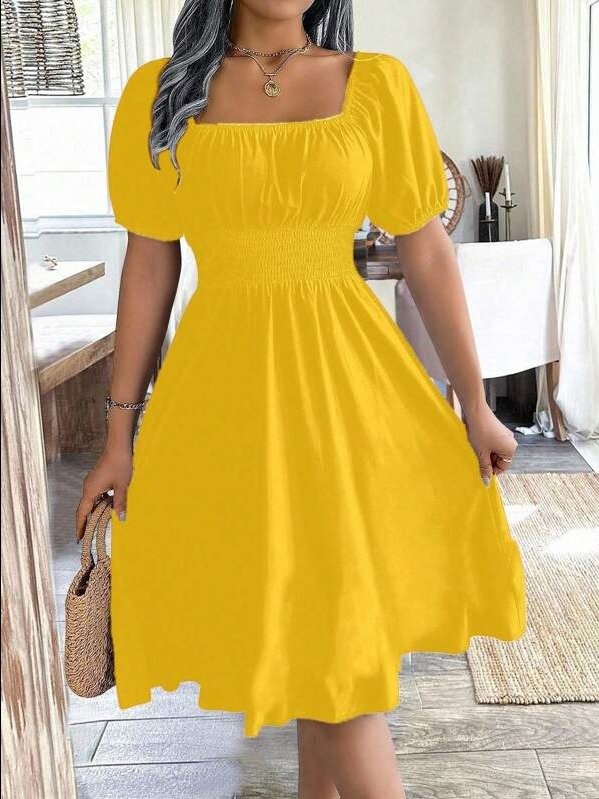 ADLEST | Breezaya 1pc Women Square Collar Puff Sleeve Cinched Waist Palazzo Green Dress, Spring/Summer product image (2)