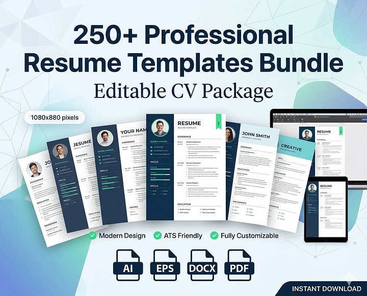 250+ Professional Resume Templates Bundle - Editable CV Package product image (1)