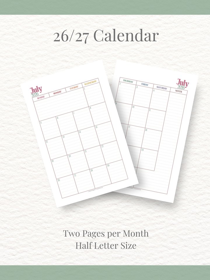 Summer Garden - 26-27 Calendar - 2 Pages per Month - Half Letter Size product image (1)