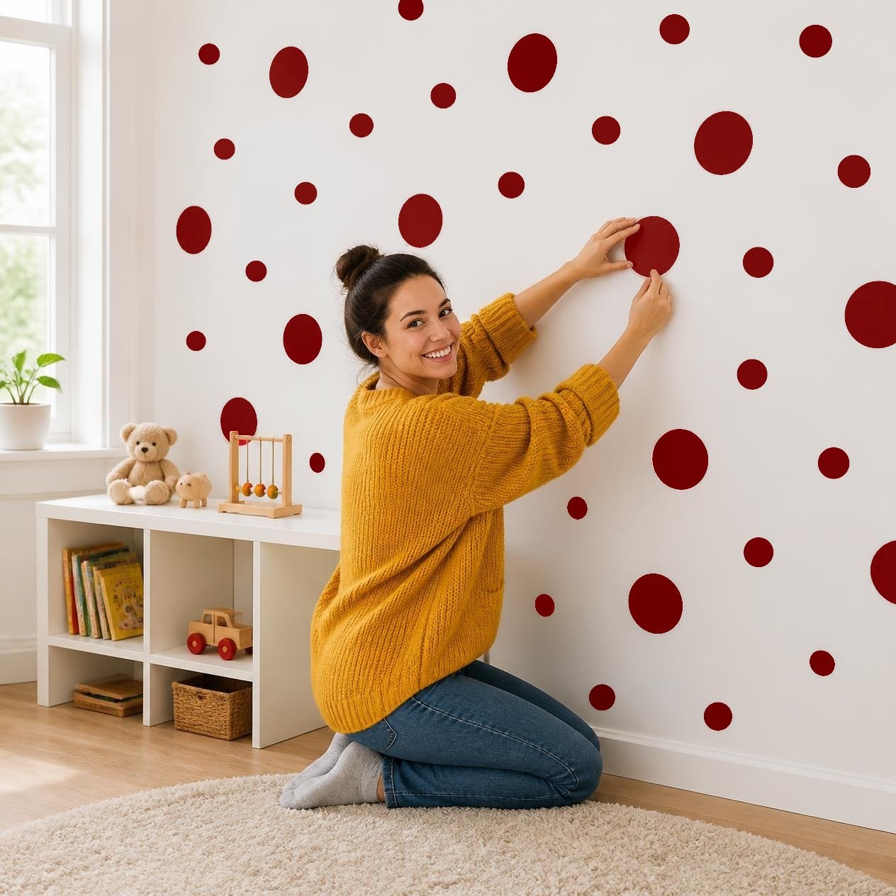 Burgundy Polka Dot Wall Decals, 2" and 4" Vinyl Circle Stickers, Removable Dot Decals for Nursery, Kids Room, Playroom product image (2)
