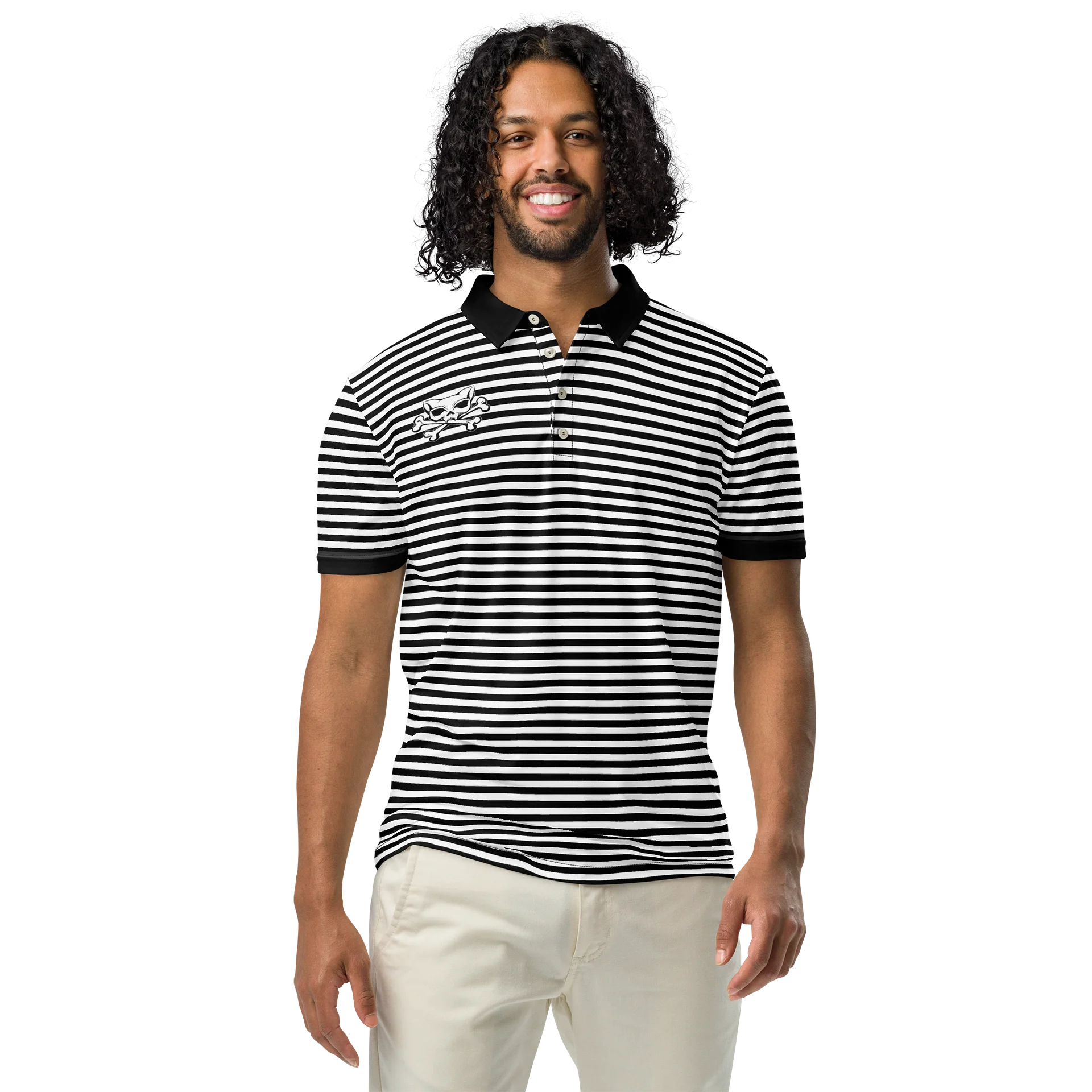 White and Blaque Stripped Kat Skull Polo product image (3)