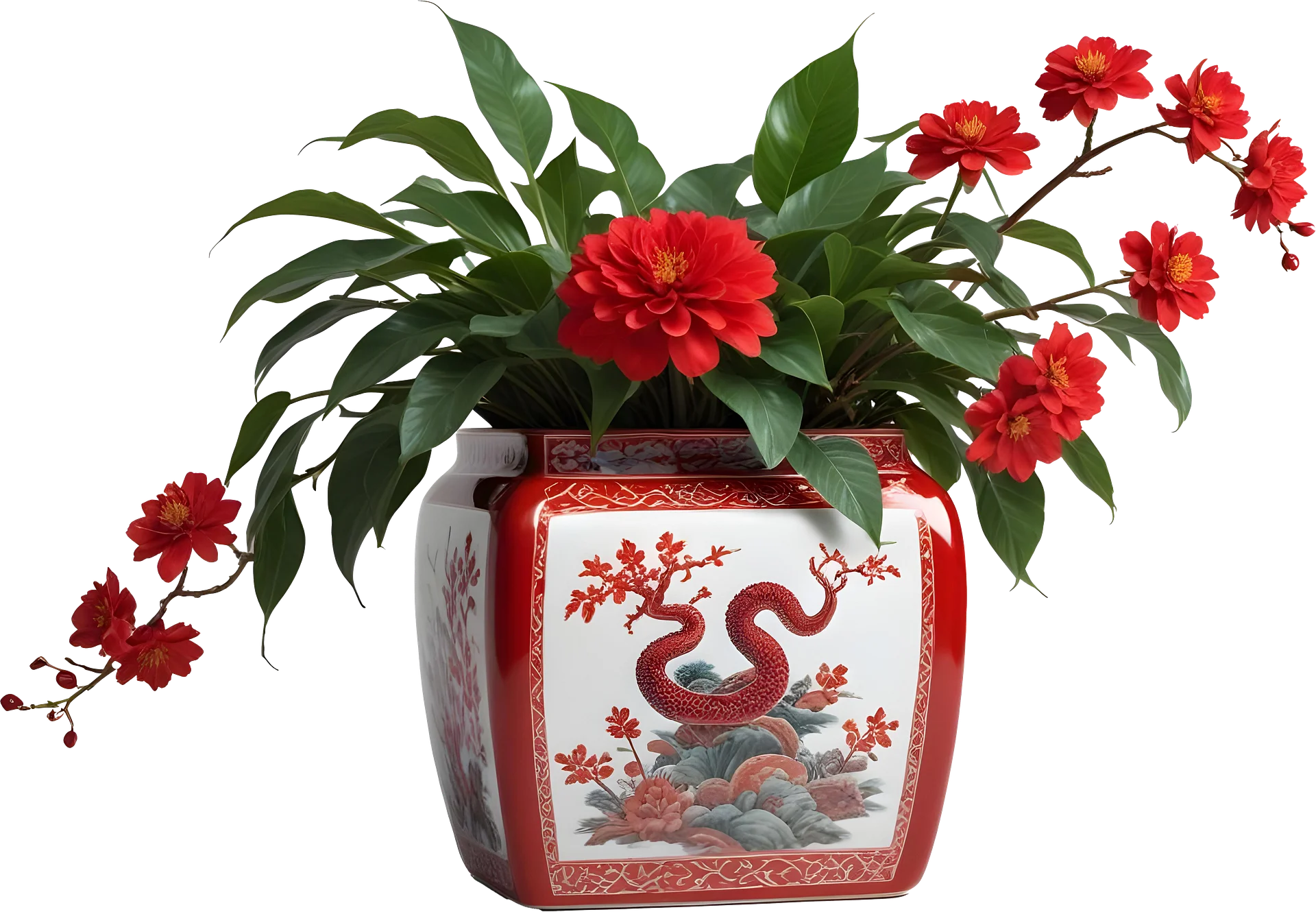 Chinese Red Porcelain Planter – Year of the Serpent Décor PNG product image (1)