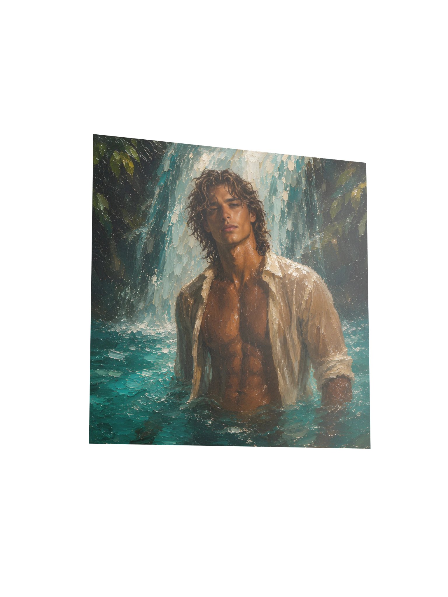 Romantic Waterfall Oil Painting Poster, Handsome Man in Turquoise Tropical Waterfall Art product image (4)