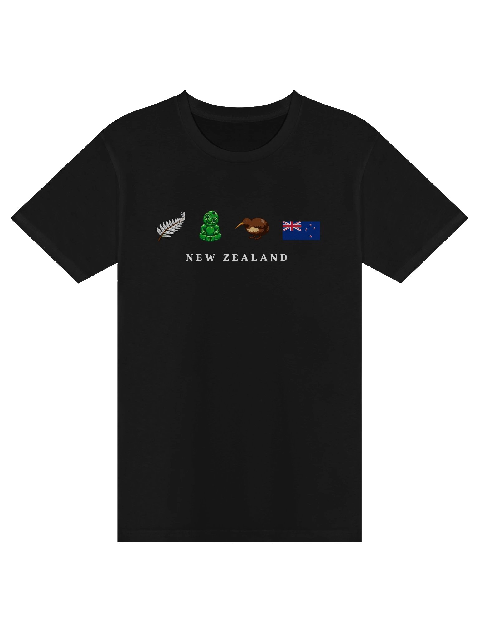 New Zealand Heritage Black T-Shirt | Flightless Form, Green Carving & Frond Graphic on Premium Cotton product image (1)