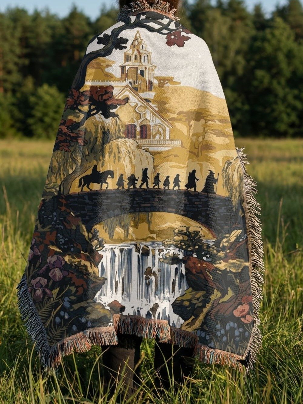 Autumn Fantasy Journey Woven Tapestry — Wizard & Travelers Bridge, Waterfall Throw Blanket product image (3)