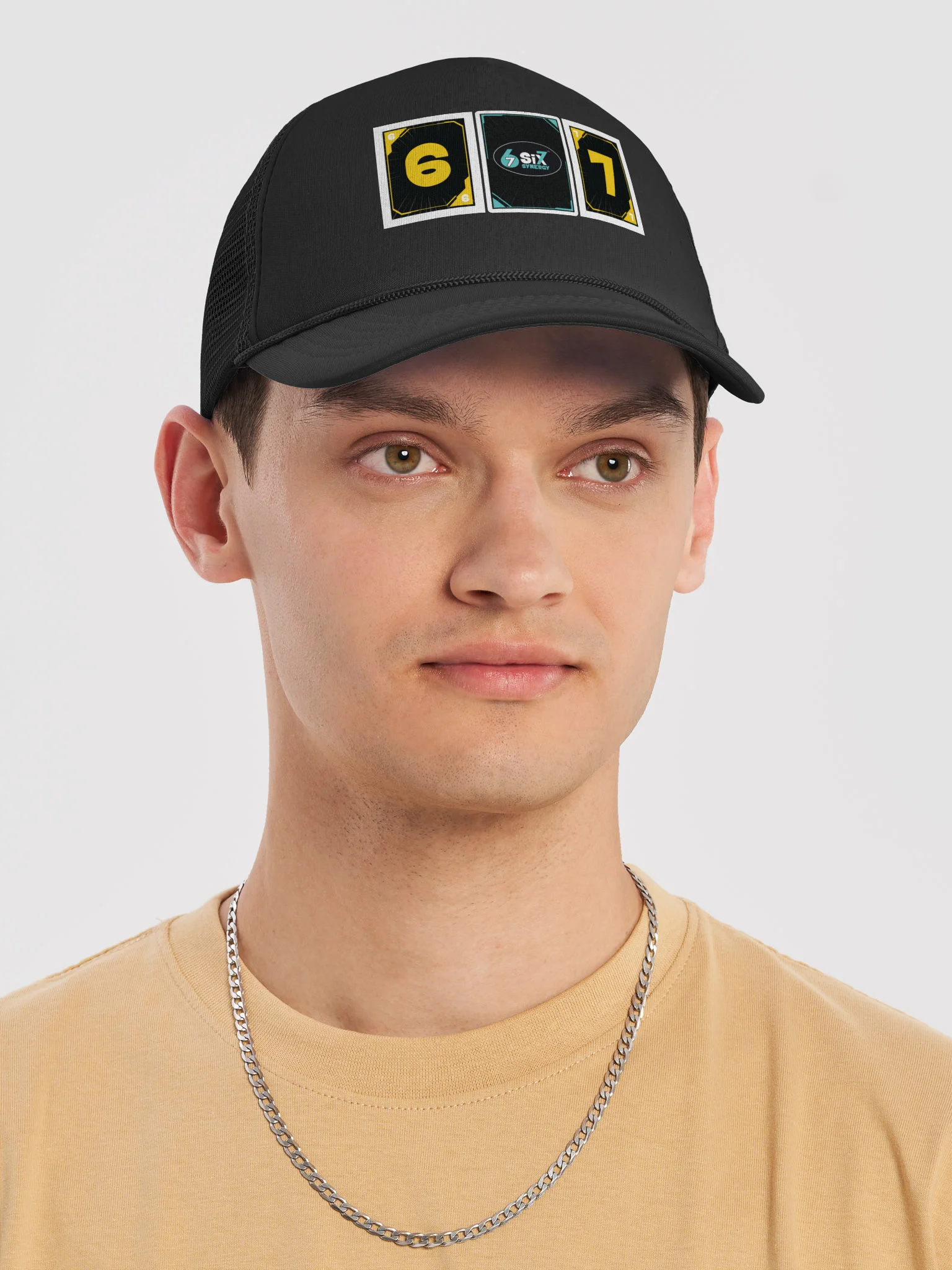 Black Trucker Hat - Six 7 Card Back with Yellow Synergy product image (5)